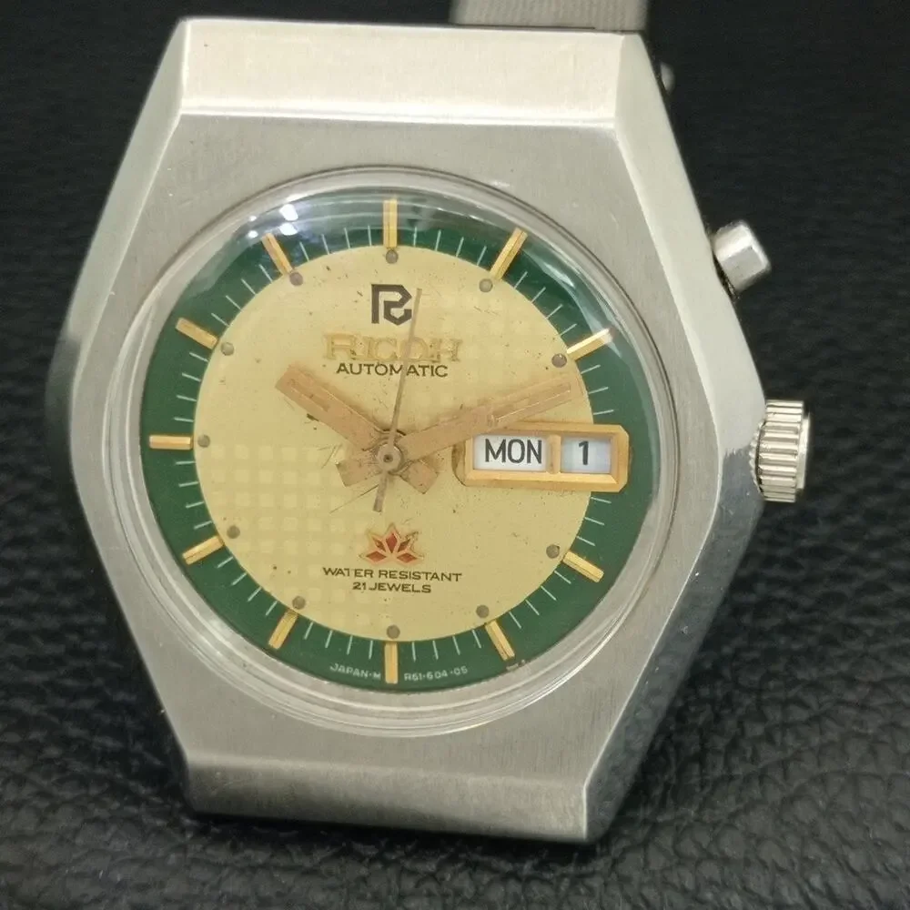 Vintage 1972 Ricoh Automatic Mens Silver Watch W/daydate & Gold accents
